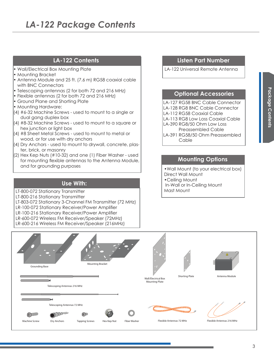 La-122 package contents, Optional accessories, Listen part number | La-122 contents, Mounting options, Use with | Listen Technologies UNIVERSAL ANTENNA KIT LA-122 User Manual | Page 7 / 24