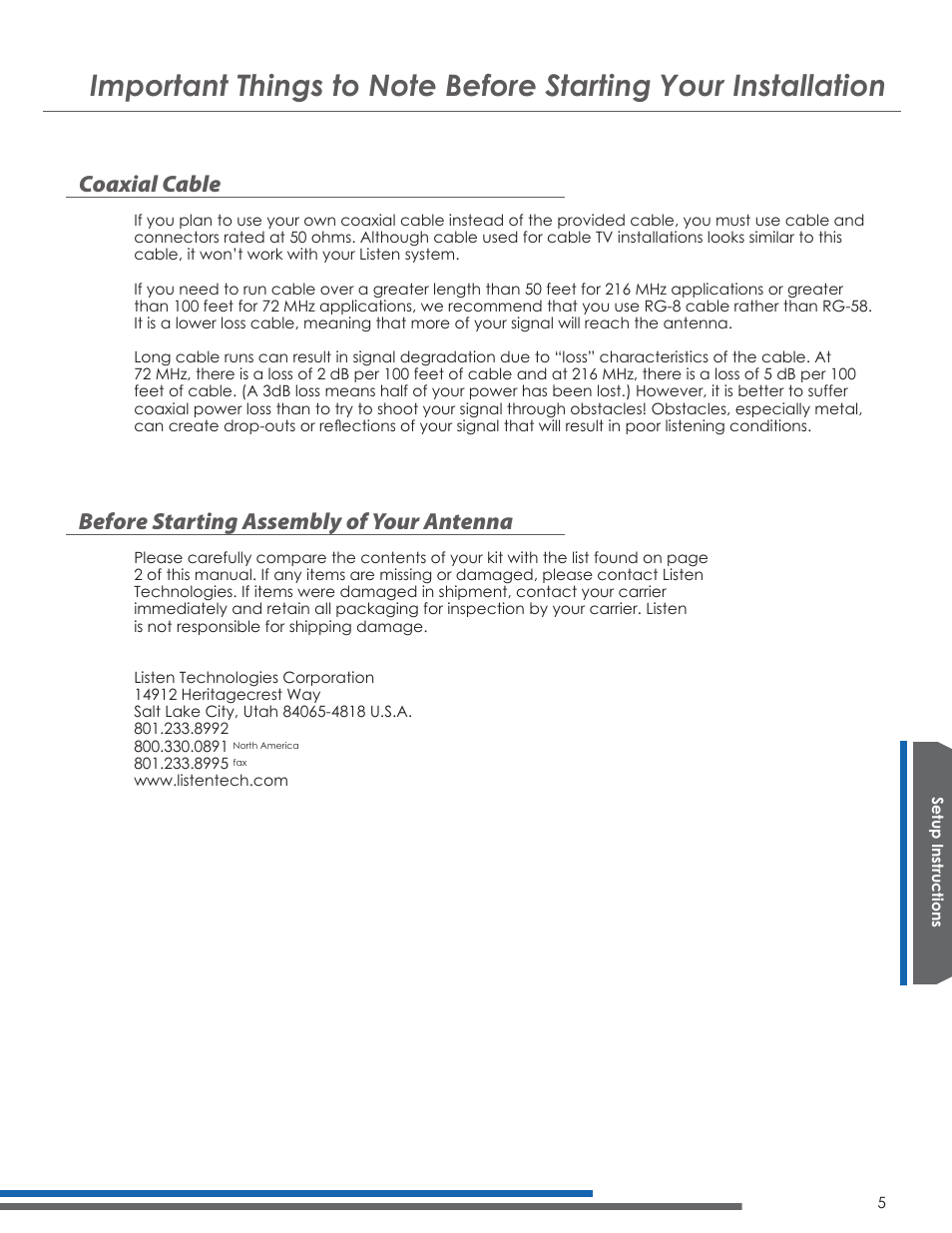 Coaxial cable, Before starting assembly of your antenna | Listen Technologies UNIVERSAL ANTENNA KIT LA-122 User Manual | Page 9 / 24
