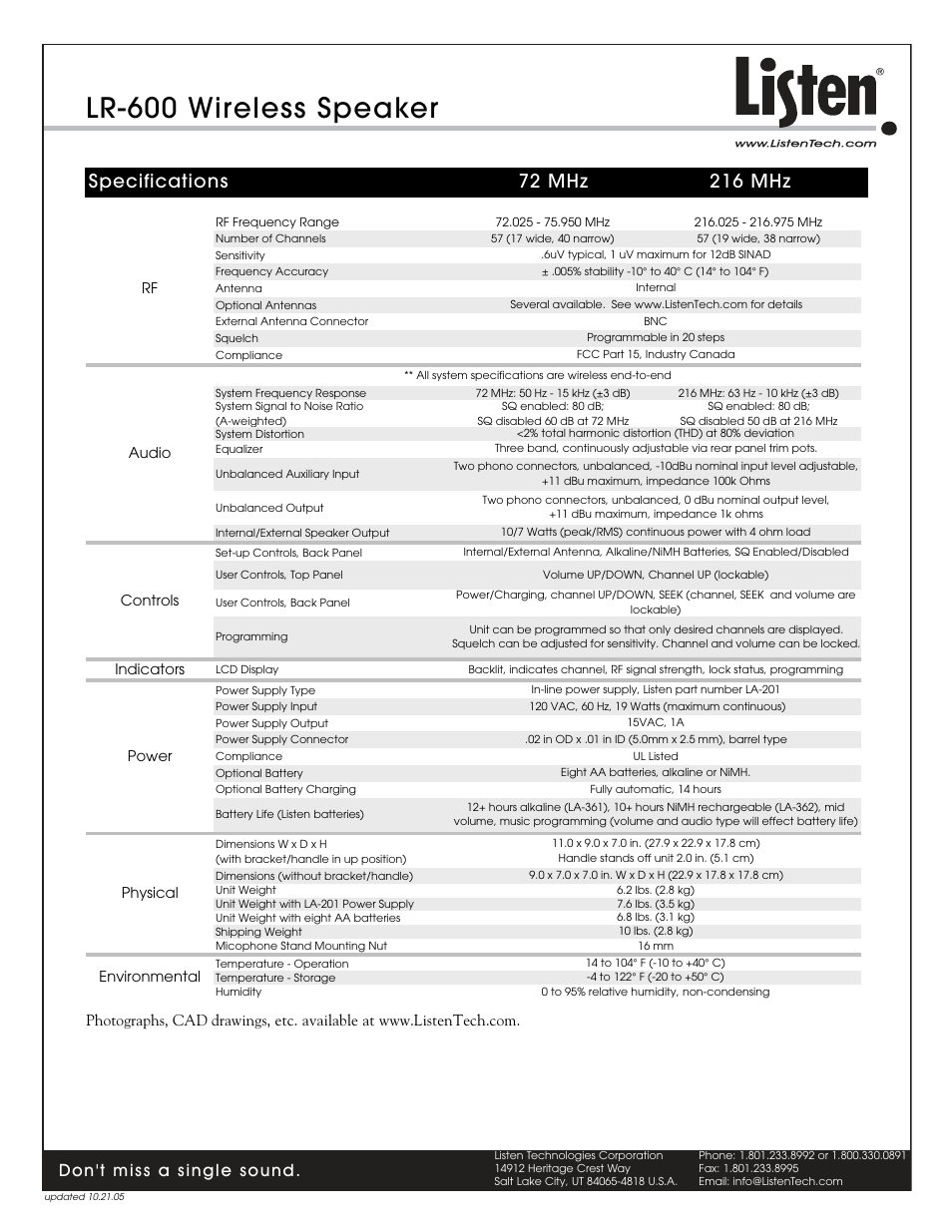 Lr-600 wireless speaker, Don't miss a single sound | Listen Technologies LA-201 User Manual | Page 4 / 4