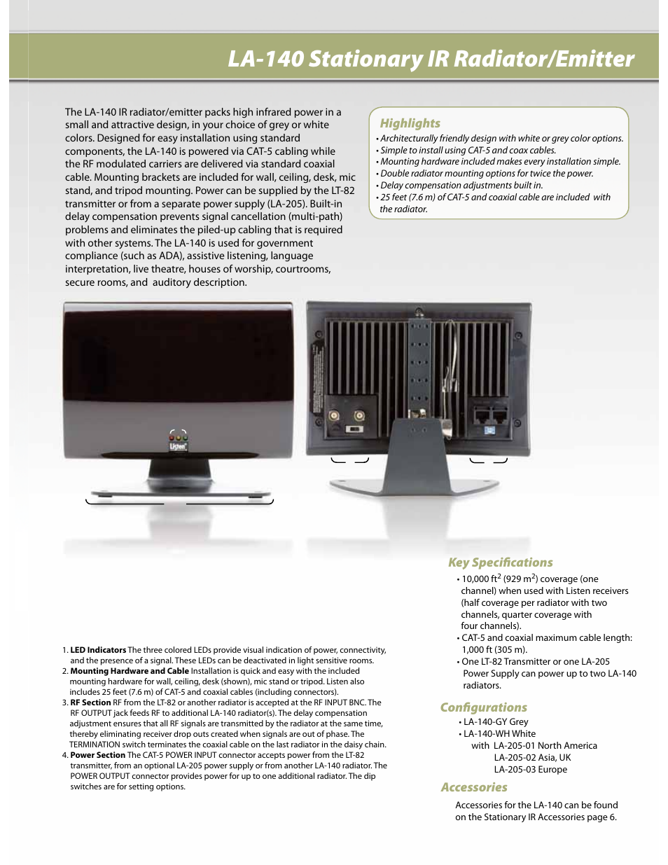 La-140 stationary ir radiator/emitter, Highlights confi gurations accessories, Key specifi cations | Listen Technologies Stationary IR LT-82 User Manual | Page 5 / 8