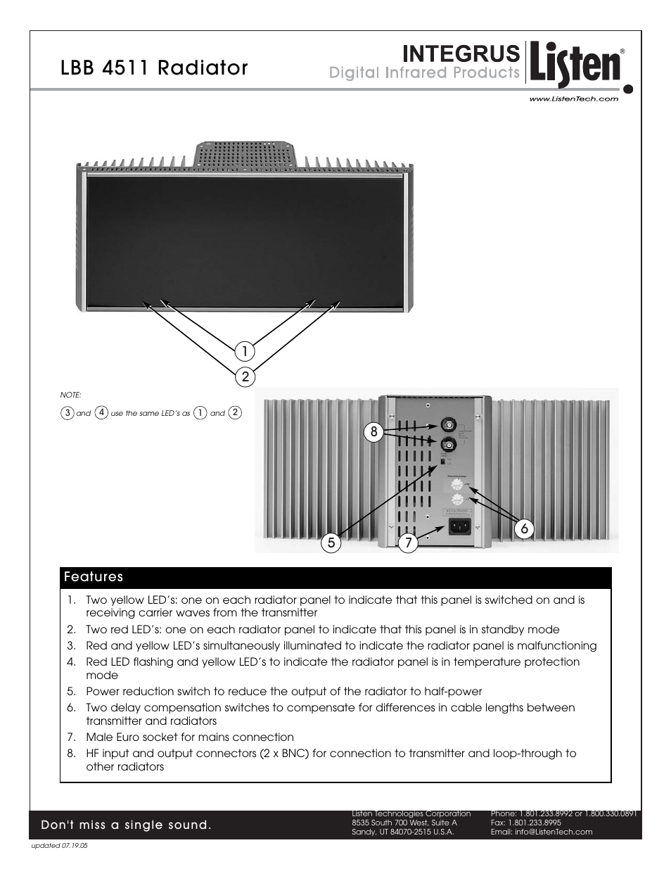 Lbb 4511 radiator, Features | Listen Technologies Radiator LBB 4511 User Manual | Page 2 / 3