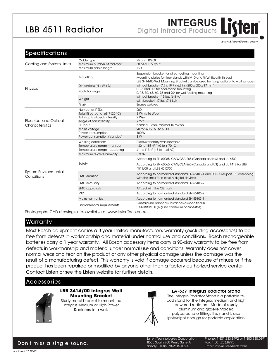 Lbb 4511 radiator, Specifications warranty, Accessories | Don't miss a single sound, La-337 integrus radiator stand | Listen Technologies Radiator LBB 4511 User Manual | Page 3 / 3