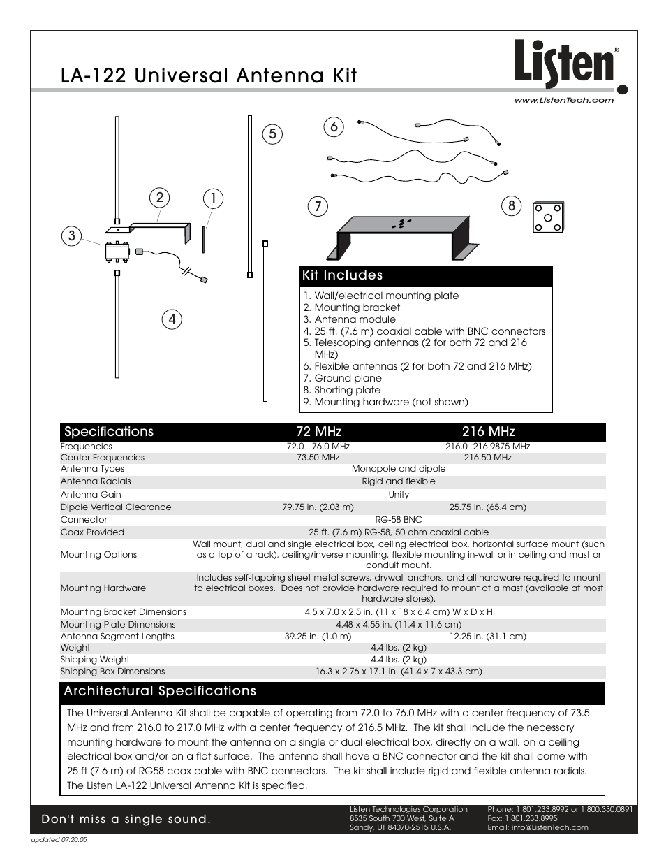 La-122 universal antenna kit, Kit includes, Architectural specifications | Don't miss a single sound | Listen Technologies LA-122 User Manual | Page 2 / 3