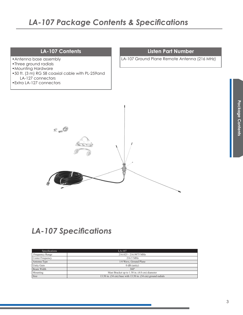 La-107 package contents & specifications, La-107 specifications, Listen part number la-107 contents | Listen Technologies LA-107 User Manual | Page 7 / 12
