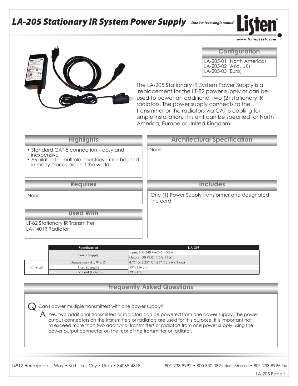 Listen Technologies LA-205 User Manual | 1 page