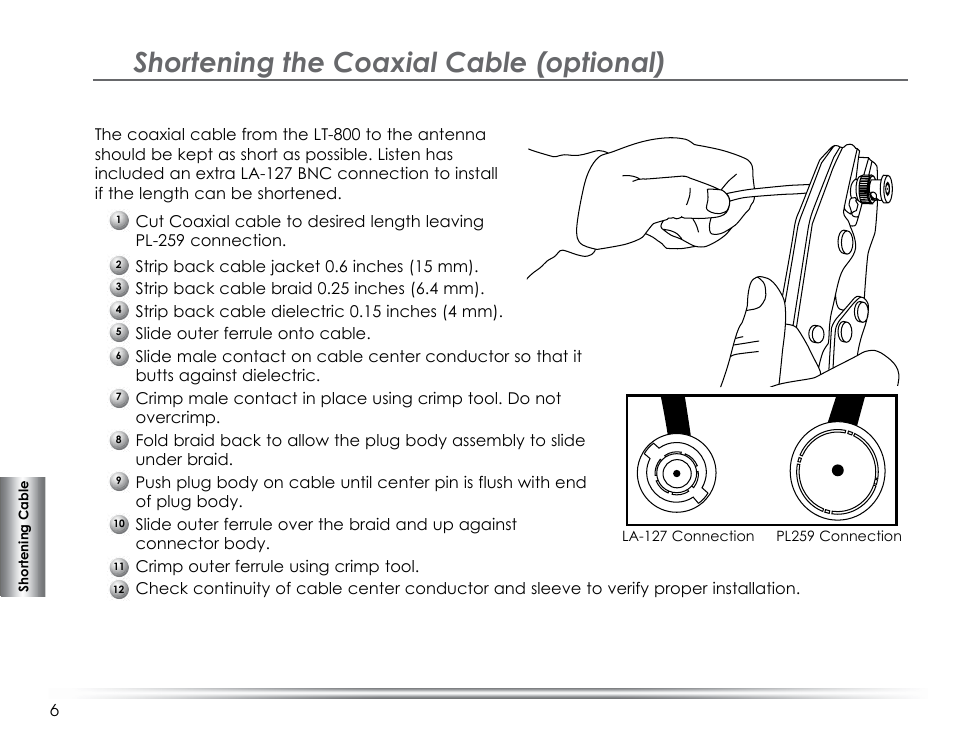 Shortening the coaxial cable (optional) | Listen Technologies LA-140 User Manual | Page 12 / 16