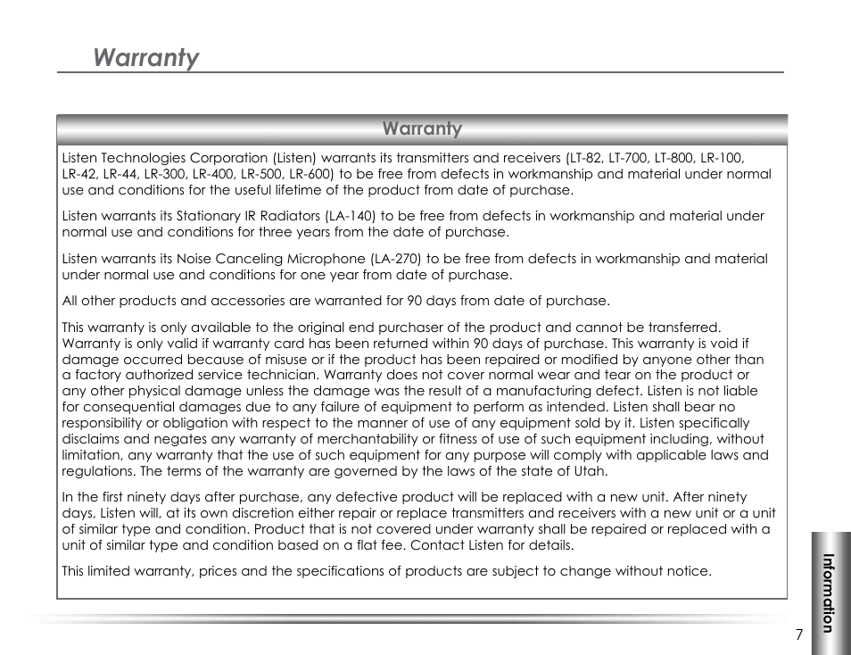Warranty | Listen Technologies LA-140 User Manual | Page 13 / 16