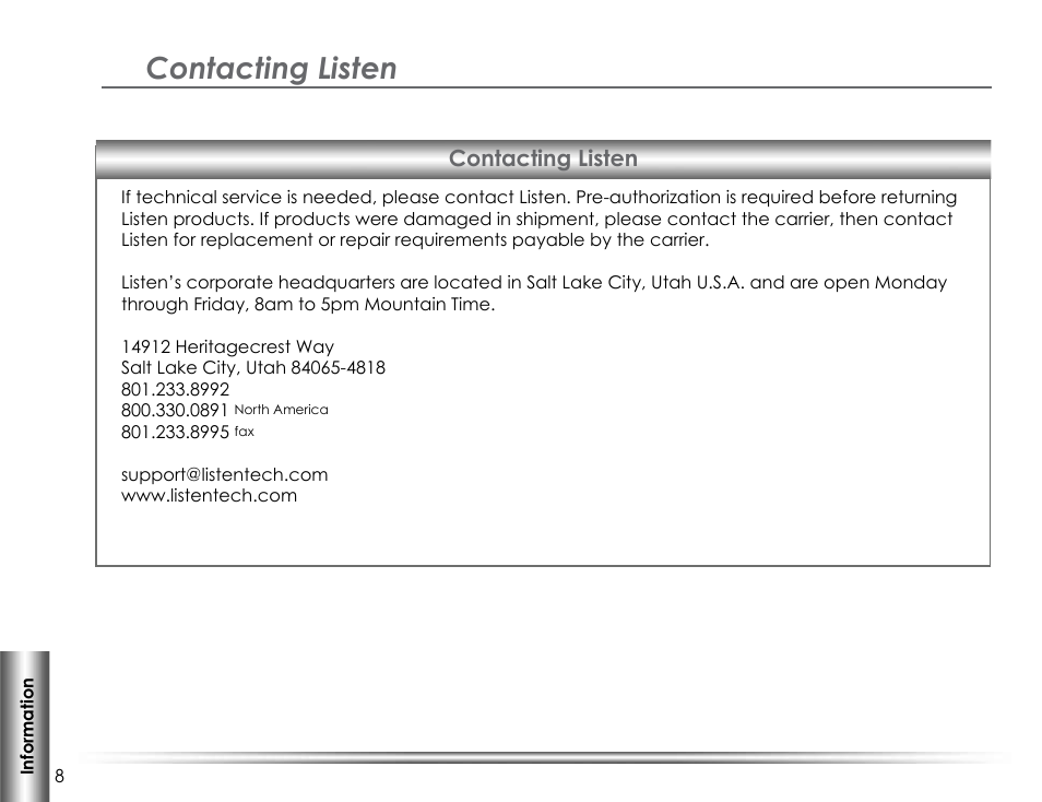 Contacting listen | Listen Technologies LA-140 User Manual | Page 14 / 16