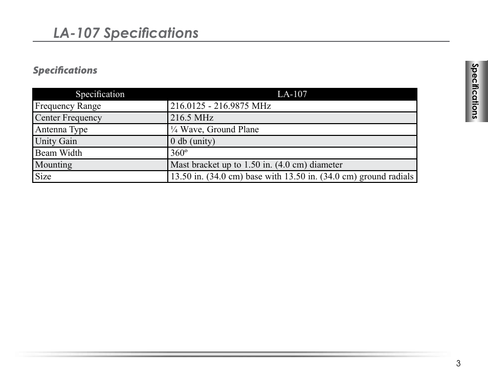 La-107 specifications | Listen Technologies LA-140 User Manual | Page 9 / 16