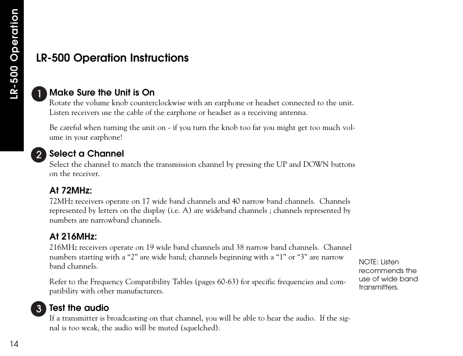 Lr-500 operation instructions | Listen Technologies LR-300 User Manual | Page 16 / 76