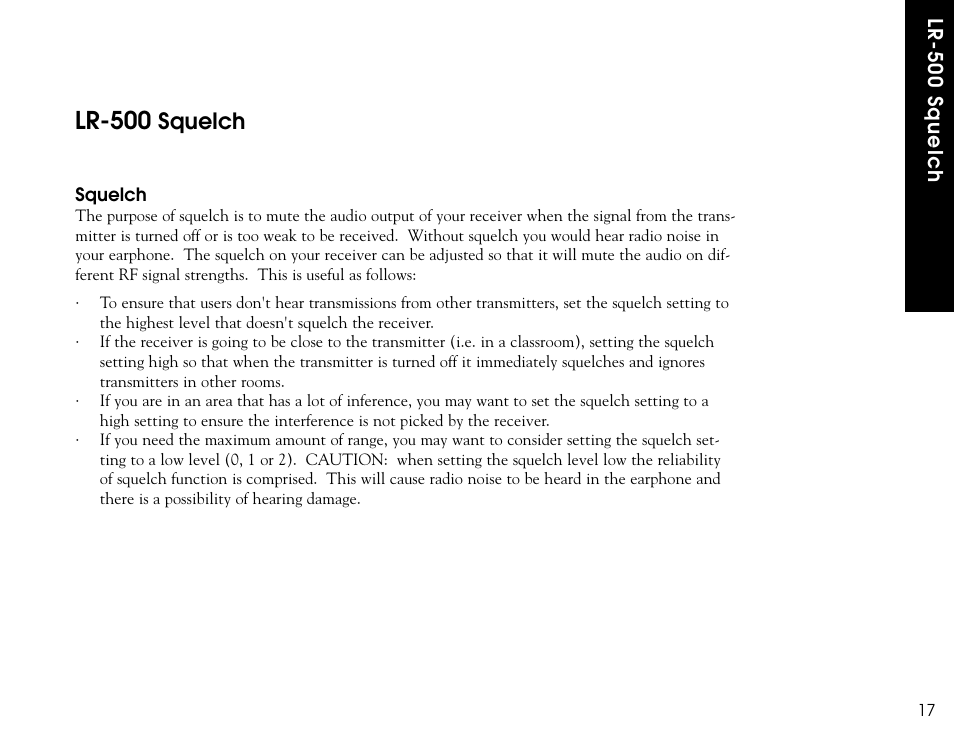 Lr-500, Squelch | Listen Technologies LR-300 User Manual | Page 19 / 76