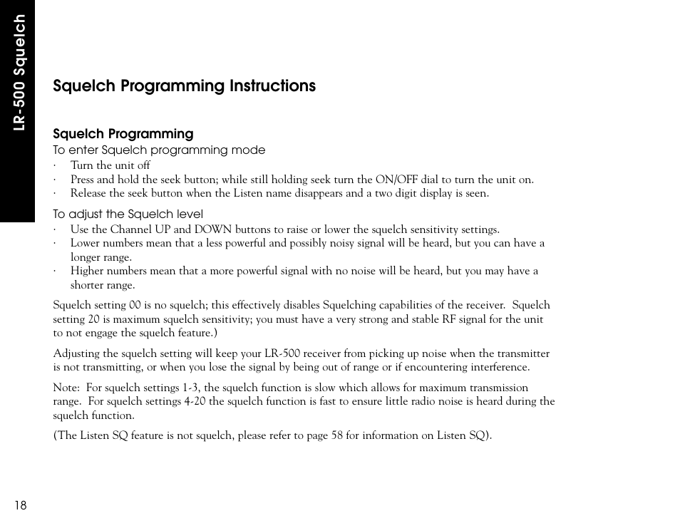 Squelch programming instructions | Listen Technologies LR-300 User Manual | Page 20 / 76