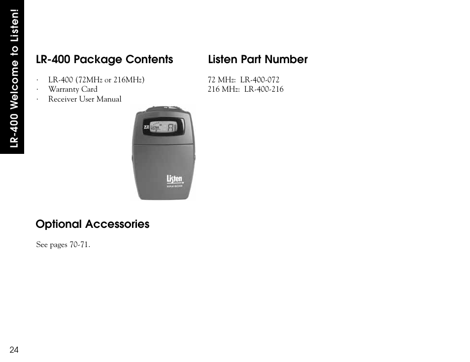 Lr-400 package contents, Listen part number, Optional accessories | Listen Technologies LR-300 User Manual | Page 26 / 76