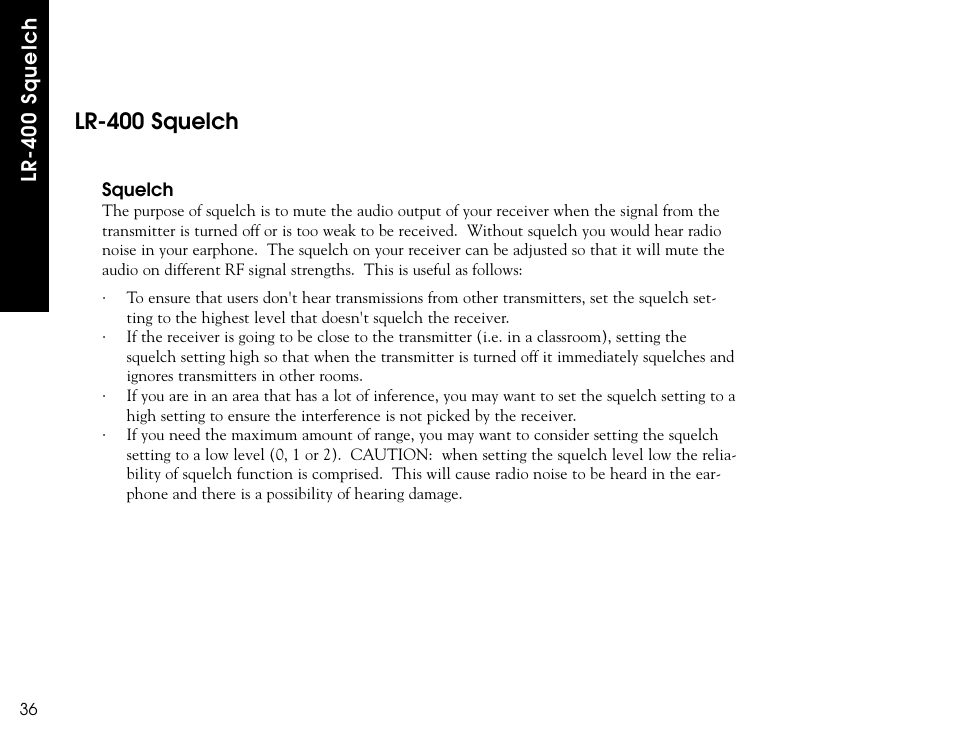 Lr-400 squelch | Listen Technologies LR-300 User Manual | Page 38 / 76