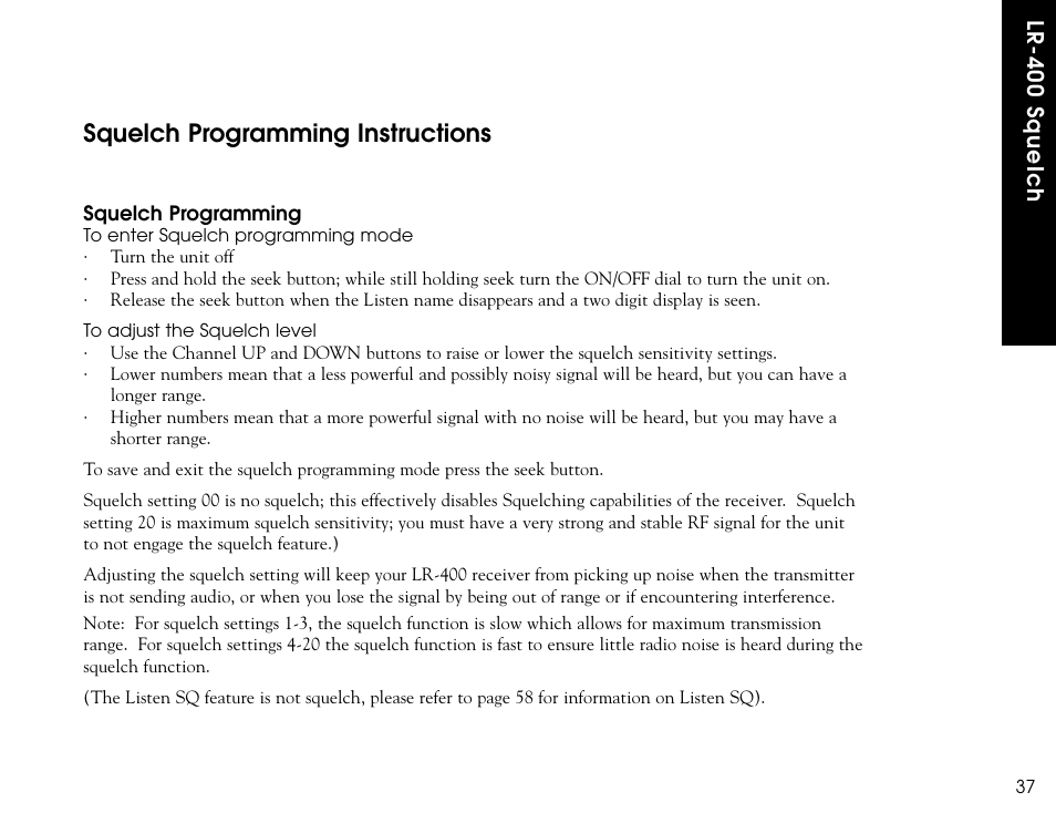 Squelch programming instructions | Listen Technologies LR-300 User Manual | Page 39 / 76