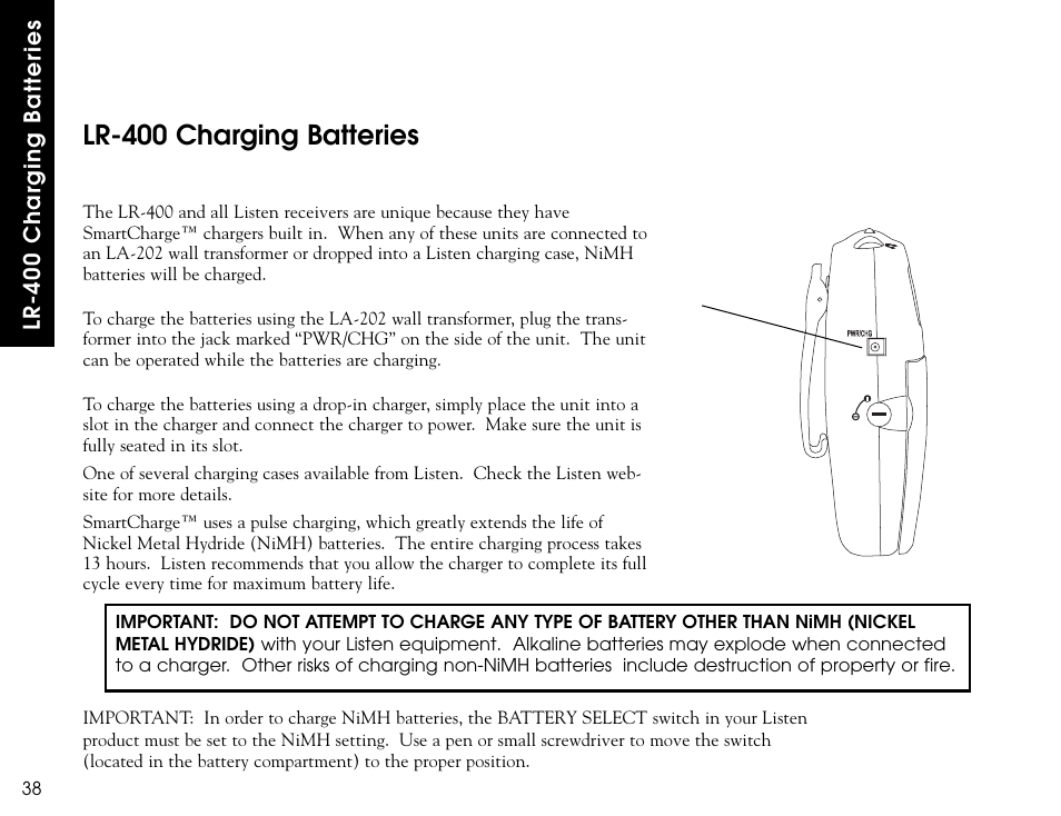 Lr-400 charging batteries | Listen Technologies LR-300 User Manual | Page 40 / 76