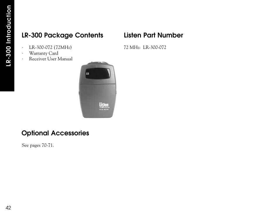 Lr-300 package contents, Listen part number, Optional accessories | Listen Technologies LR-300 User Manual | Page 44 / 76