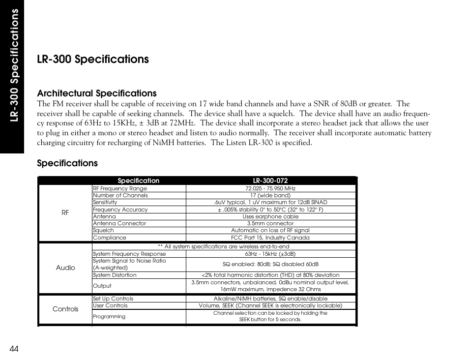 Lr-300 specifications, Architectural specifications, Specifications | Listen Technologies LR-300 User Manual | Page 46 / 76