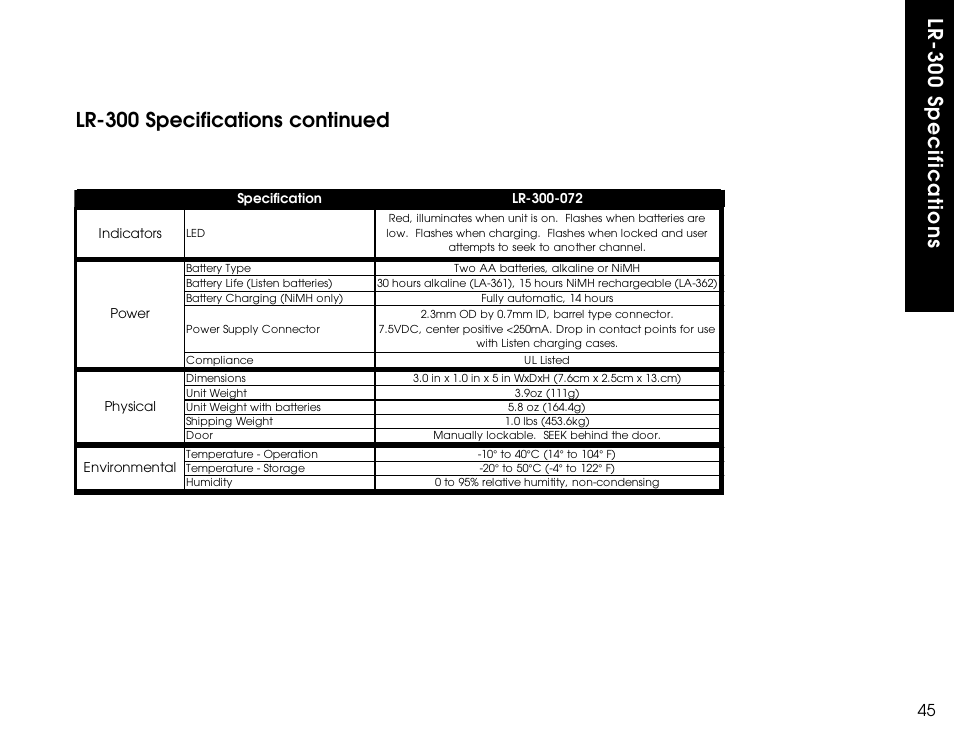 Lr-300 specifications, Lr-300 specifications continued | Listen Technologies LR-300 User Manual | Page 47 / 76