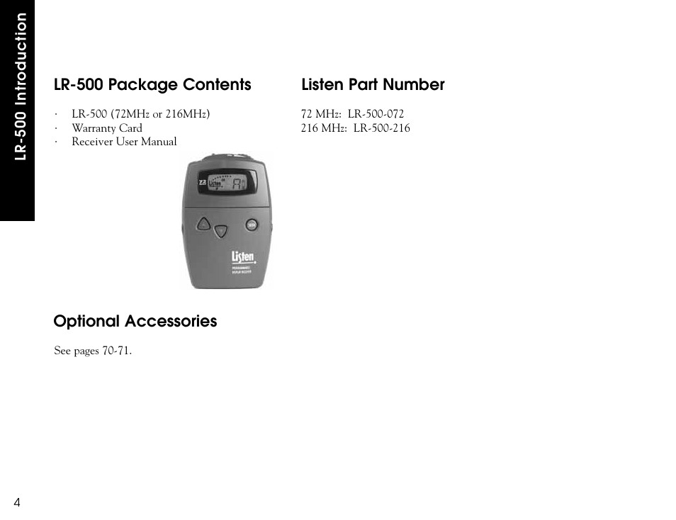 Lr-500 package contents, Listen part number, Optional accessories | Listen Technologies LR-300 User Manual | Page 6 / 76