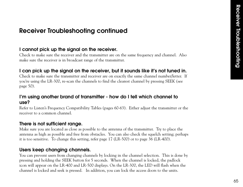 Receiver troubleshooting continued | Listen Technologies LR-300 User Manual | Page 67 / 76