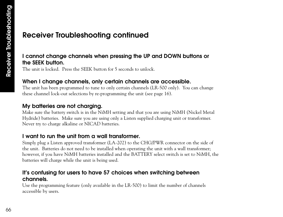 Receiver troubleshooting continued | Listen Technologies LR-300 User Manual | Page 68 / 76