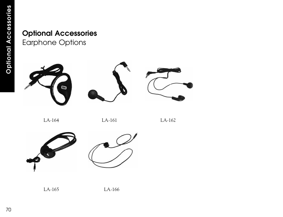 Optional accessories, Earphone options | Listen Technologies LR-300 User Manual | Page 72 / 76