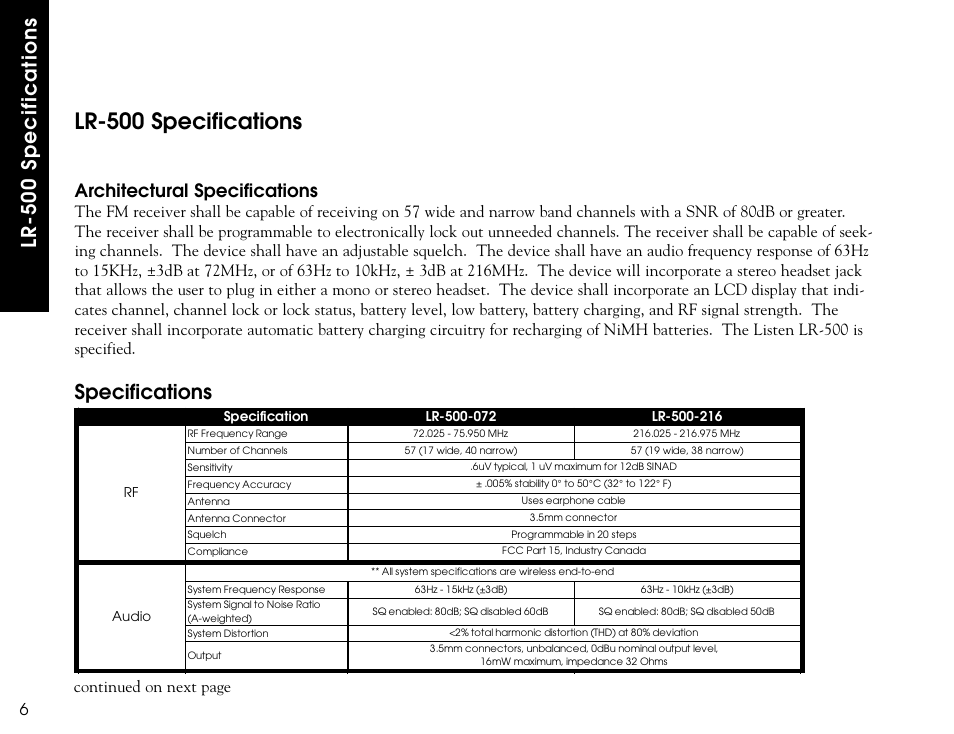 Lr-500 specifications, Specifications, Architectural specifications | Continued on next page | Listen Technologies LR-300 User Manual | Page 8 / 76