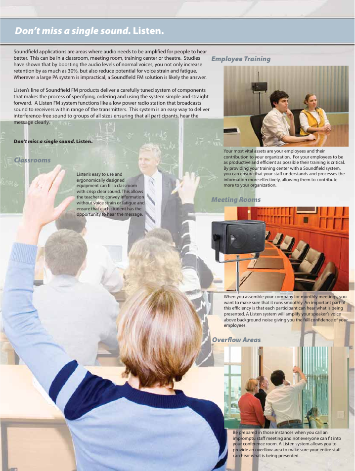 Don’t miss a single sound. listen, Employee training, Classrooms | Overfl ow areas, Meeting rooms | Listen Technologies LS-60 User Manual | Page 2 / 8