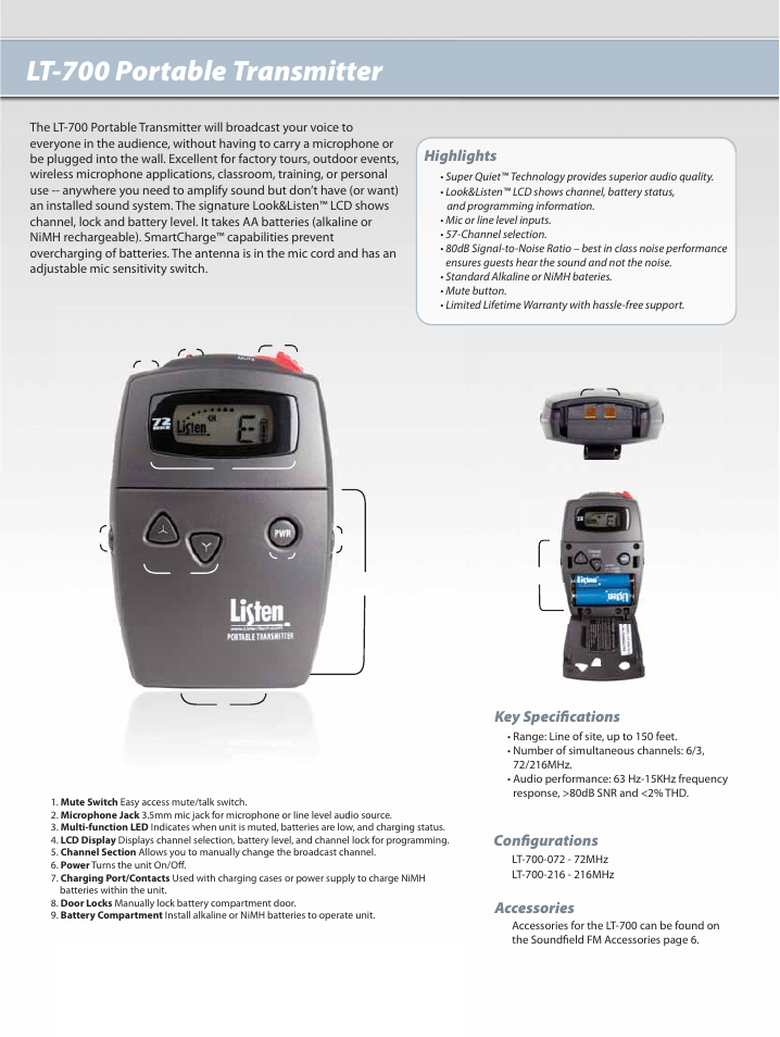 Lt-700 portable transmitter, Highlights, Key specifi cations confi gurations accessories | Listen Technologies LS-60 User Manual | Page 4 / 8