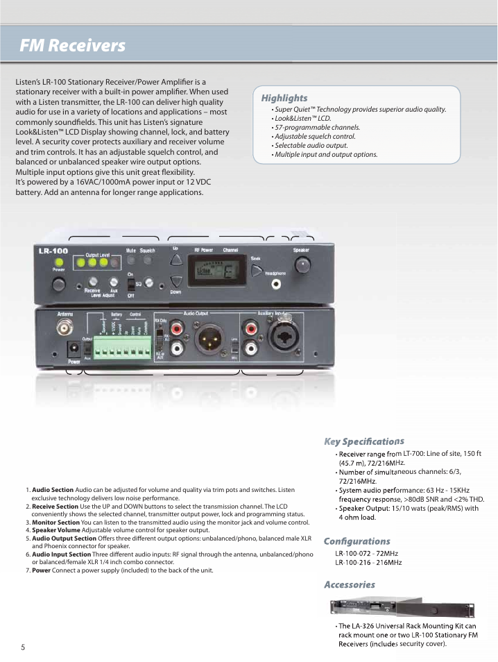 Fm receivers, Highlights, Key specifi cations confi gurations accessories | Listen Technologies LS-60 User Manual | Page 6 / 8