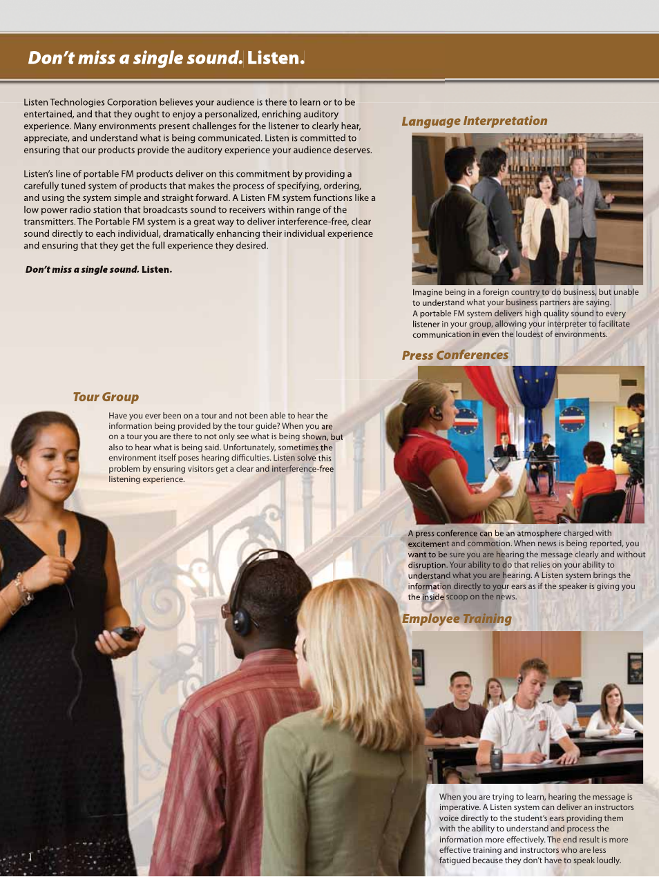 Don’t miss a single sound. listen, Press conferences, Language interpretation | Employee training tour group | Listen Technologies Portable FM User Manual | Page 2 / 8