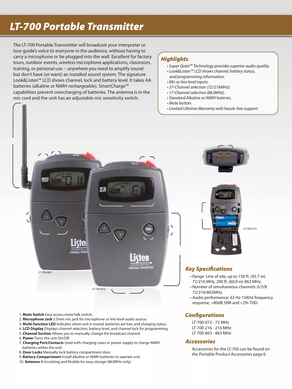 Lt-700 portable transmitter, Highlights, Key specifi cations confi gurations accessories | Listen Technologies Portable FM User Manual | Page 4 / 8