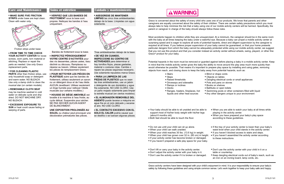 Let’s play safe, Never leave your baby unattended, Other things to avoid | When not to use your activity center, When to use your activity center | Little Tikes 4533 User Manual | Page 14 / 15