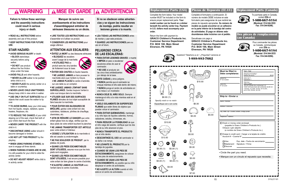 Warning advertencia mise en garde, Stair hazard, Attention aux escaliers | Peligroso cerca de las escaleras, Replacement parts (usa) piezas de repuesto (ee.uu), Replacement parts (canada), Des pièces de remplacement (au canada) | Little Tikes 4533 User Manual | Page 2 / 15