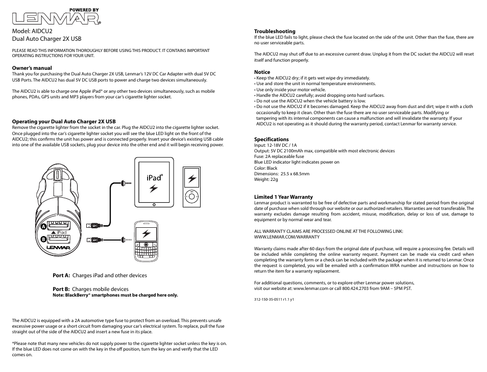 Lenmar Enterprises Lenmar Dual Auto Charger 2X USB AIDCU2 User Manual | 3 pages