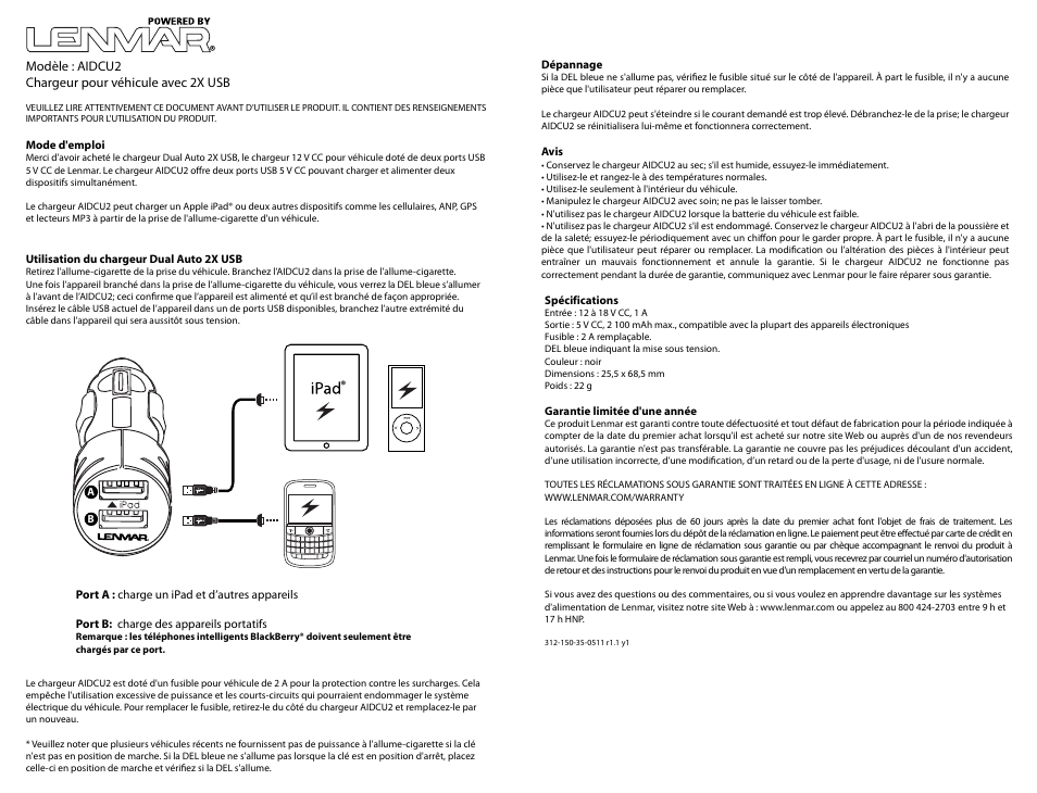 Aidcu2manualfre 3.ai | Lenmar Enterprises Lenmar Dual Auto Charger 2X USB AIDCU2 User Manual | Page 2 / 3