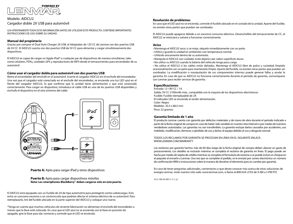 Aidcu2manualspa2.ai | Lenmar Enterprises Lenmar Dual Auto Charger 2X USB AIDCU2 User Manual | Page 3 / 3