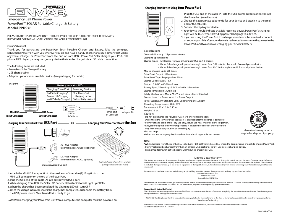 Lenmar Enterprises POWERPORTTM SOLAR PORTABLE CHARGER & BATTERY PPUS20 User Manual | 1 page