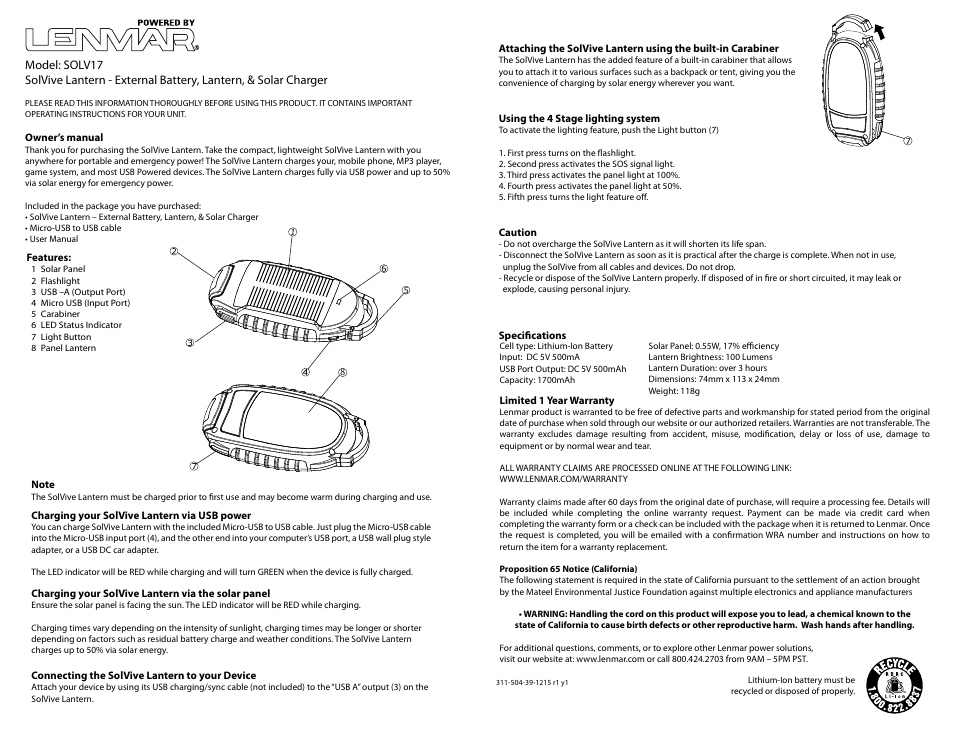 Lenmar Enterprises Lenmar SolVive Lantern SOLV17 User Manual | 3 pages