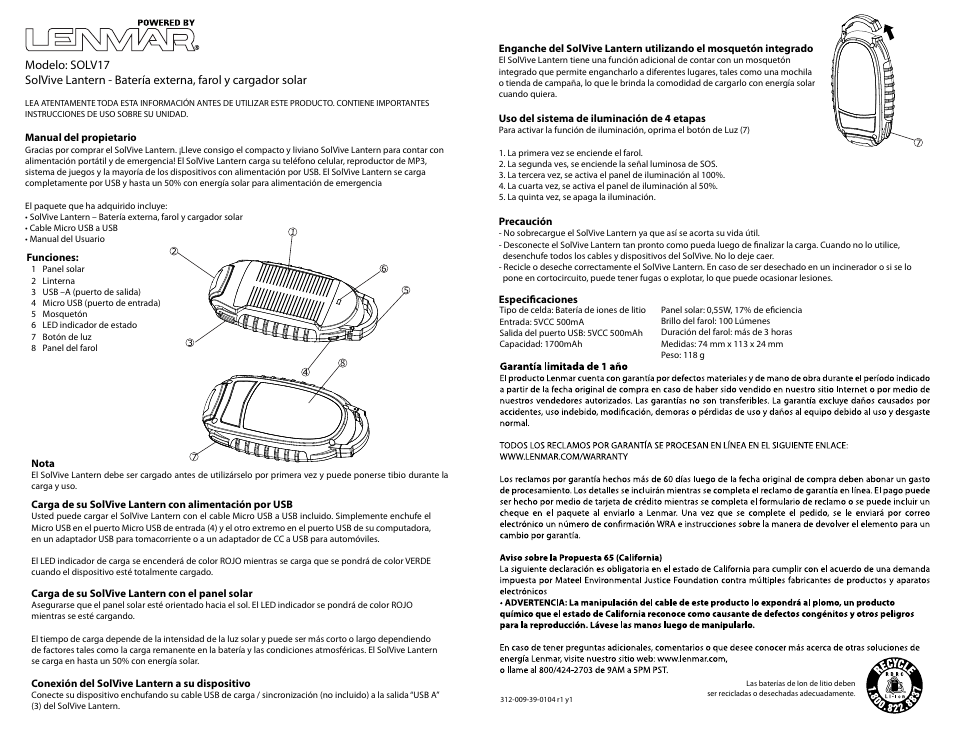 Solv17manualspa.ai | Lenmar Enterprises Lenmar SolVive Lantern SOLV17 User Manual | Page 3 / 3