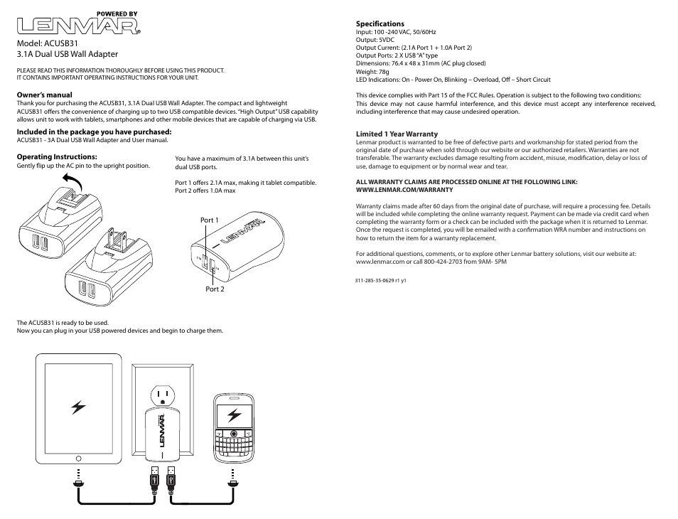 Lenmar ACUSB31 User Manual | 3 pages