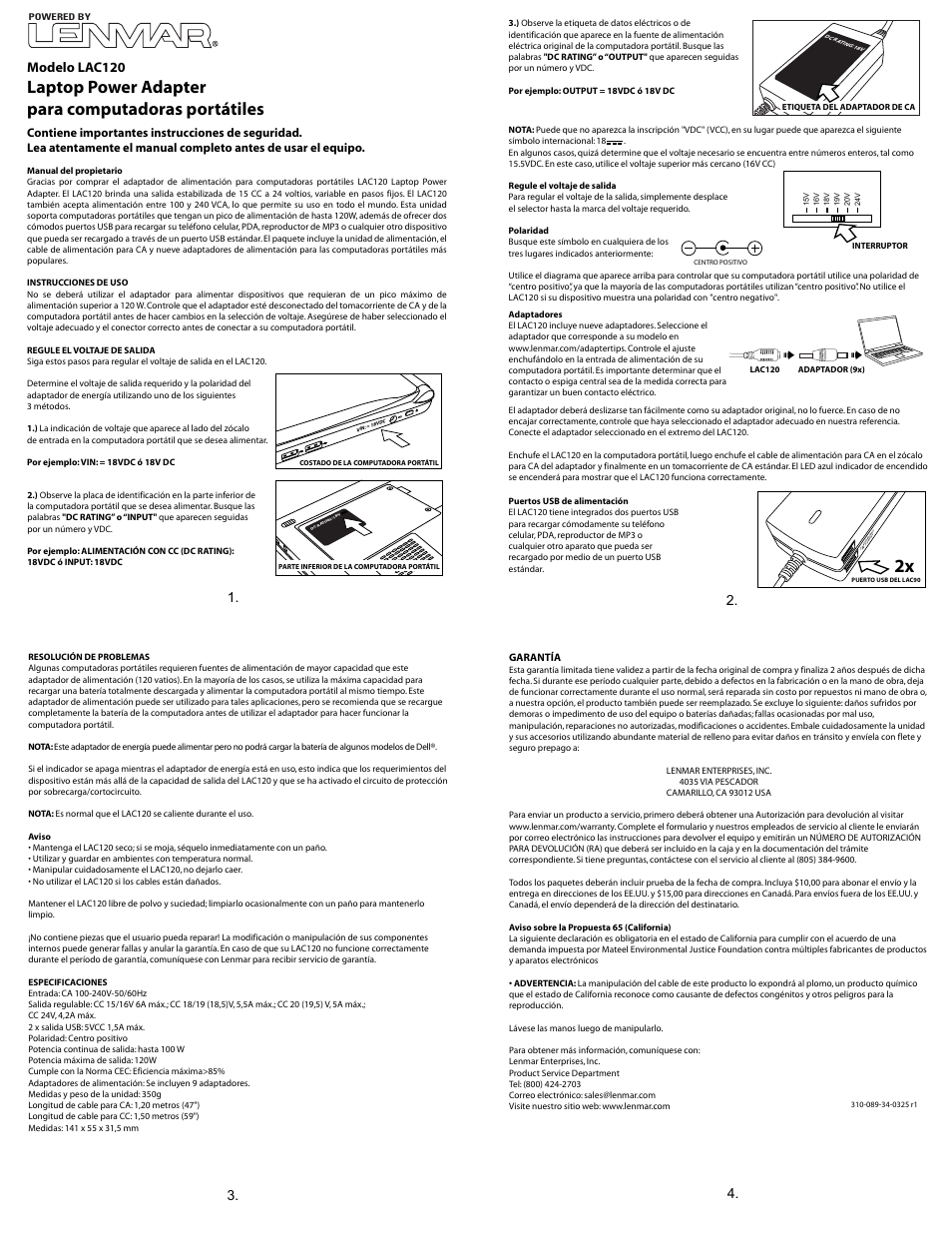 Lac120 spa, Laptop power adapter para computadoras portátiles, Modelo lac120 | Lenmar LAC120 User Manual | Page 3 / 3