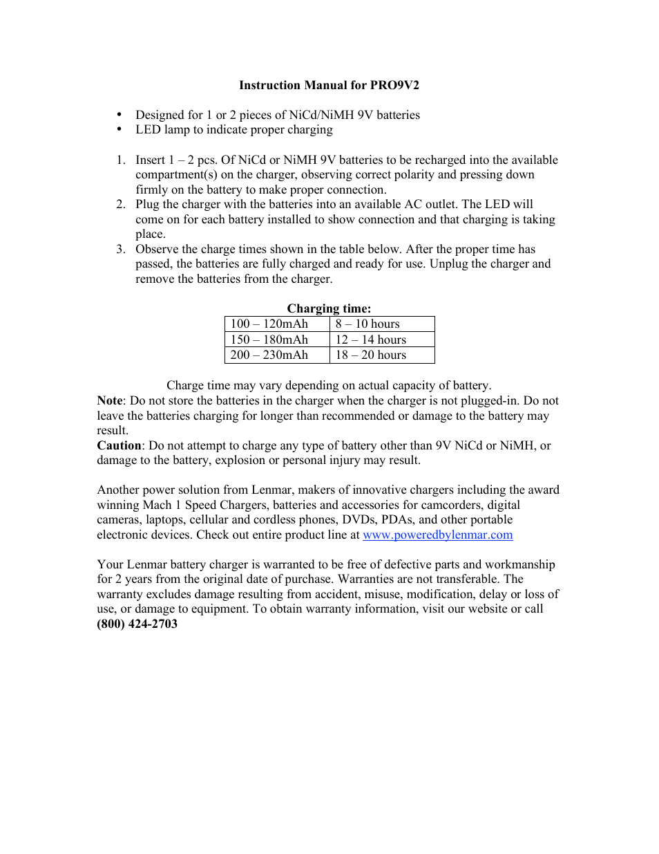 Lenmar Enterprises PRO9V2 User Manual | 1 page