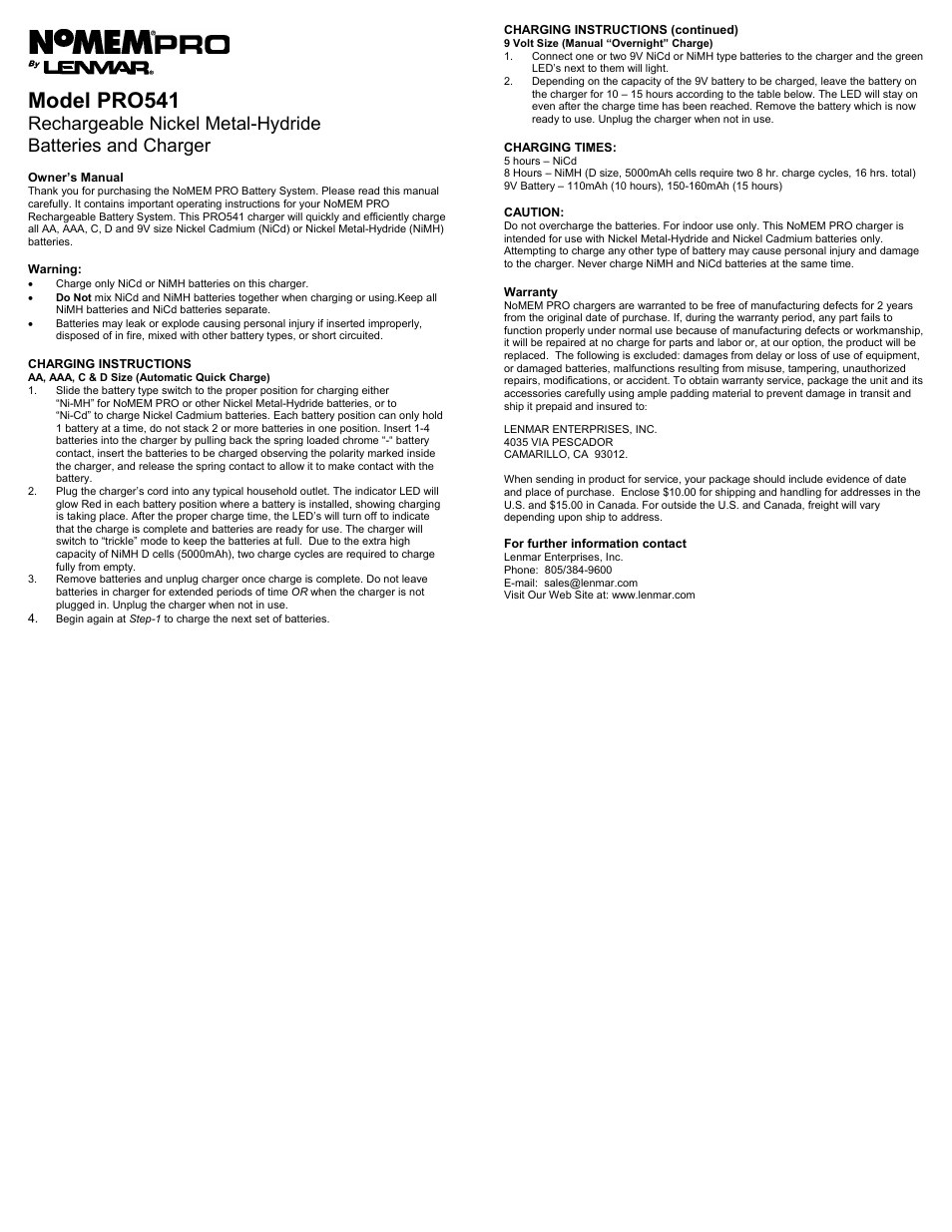 Lenmar Enterprises PRO541 User Manual | 1 page