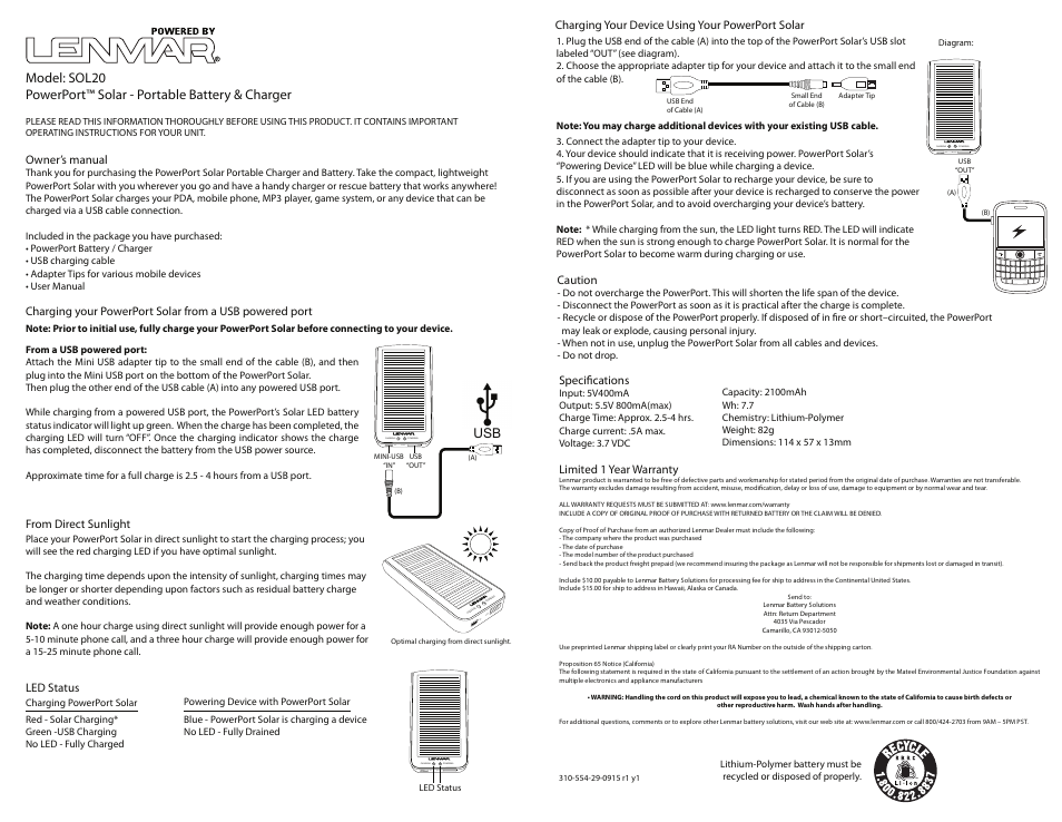 Lenmar Enterprises PowerPort Solar Portable Battery & Charger 50L20 User Manual | 3 pages