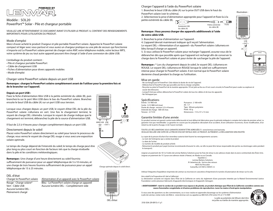 Lenmar Enterprises PowerPort Solar Portable Battery & Charger 50L20 User Manual | Page 2 / 3