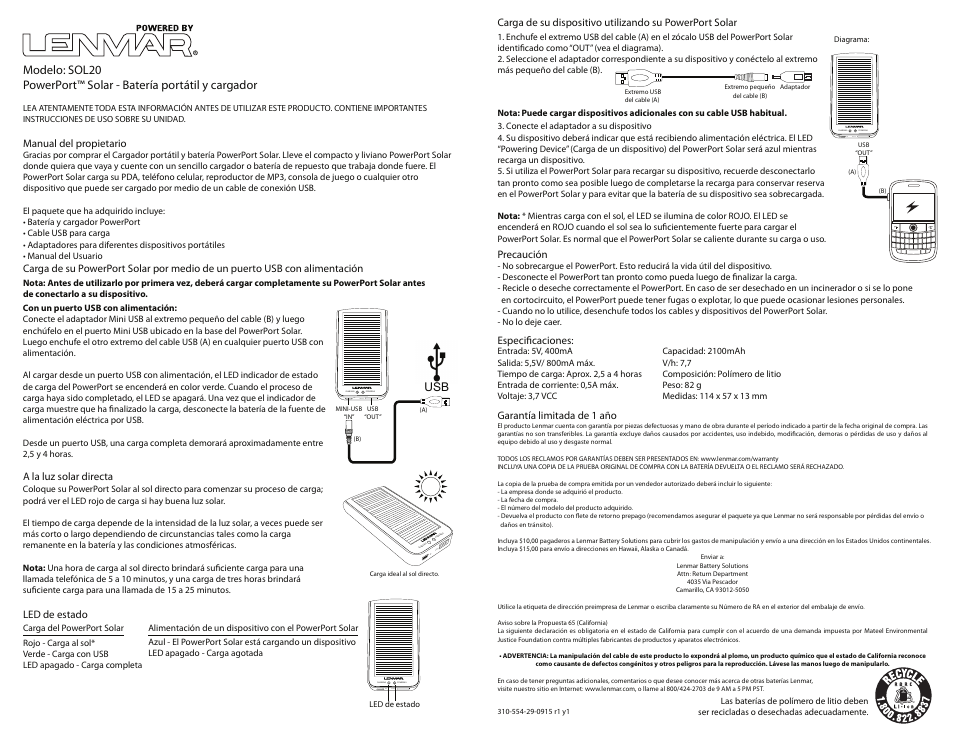 Lenmar Enterprises PowerPort Solar Portable Battery & Charger 50L20 User Manual | Page 3 / 3