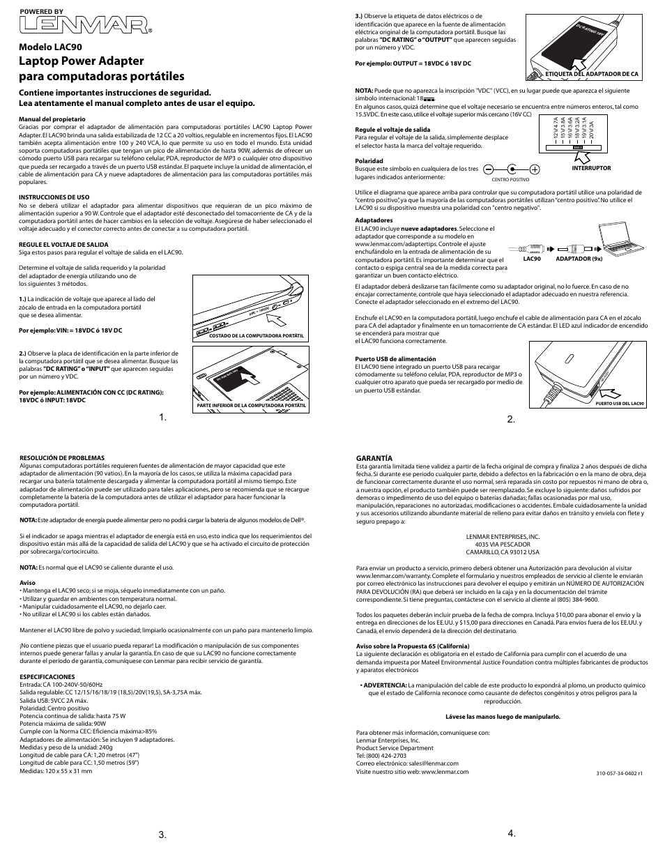 Lac90 spa, Laptop power adapter para computadoras portátiles, Modelo lac90 | Lenmar LAC90 User Manual | Page 3 / 3