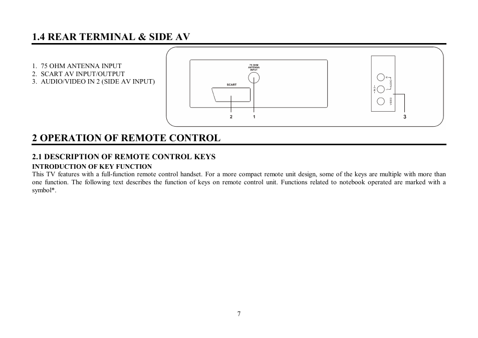 4 rear terminal & side av, 2 operation of remote control | Hyundai H-TV2107 User Manual | Page 7 / 48